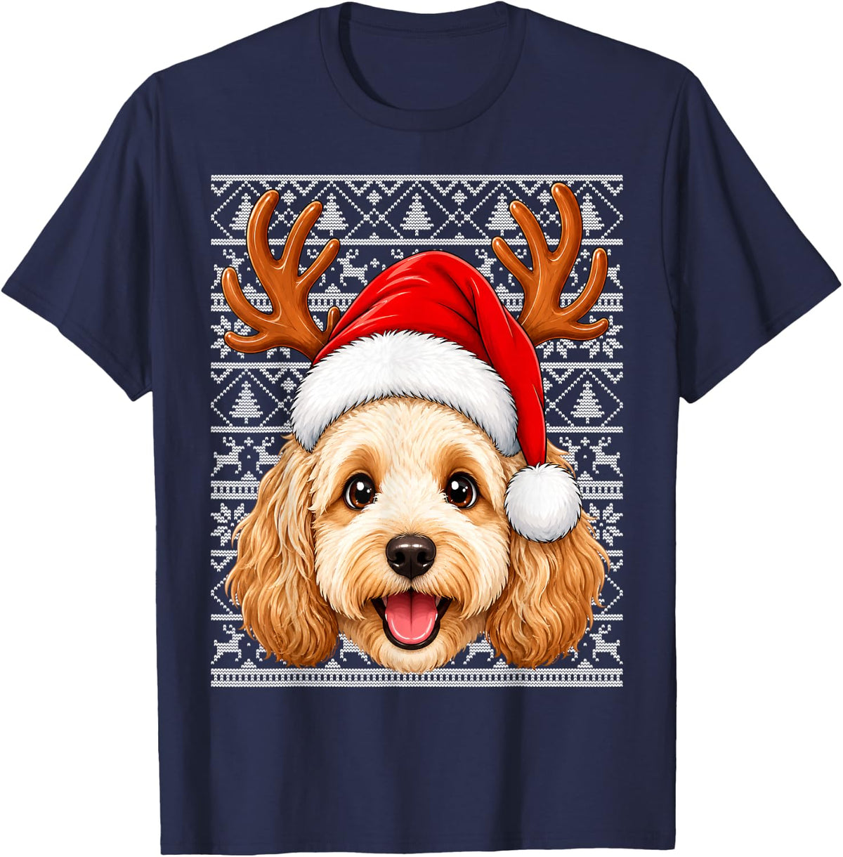 Cockapoo Dog Christmas Santa Hat Ugly Sweater Cockapoo Xmas T-Shirt - Navy Blue