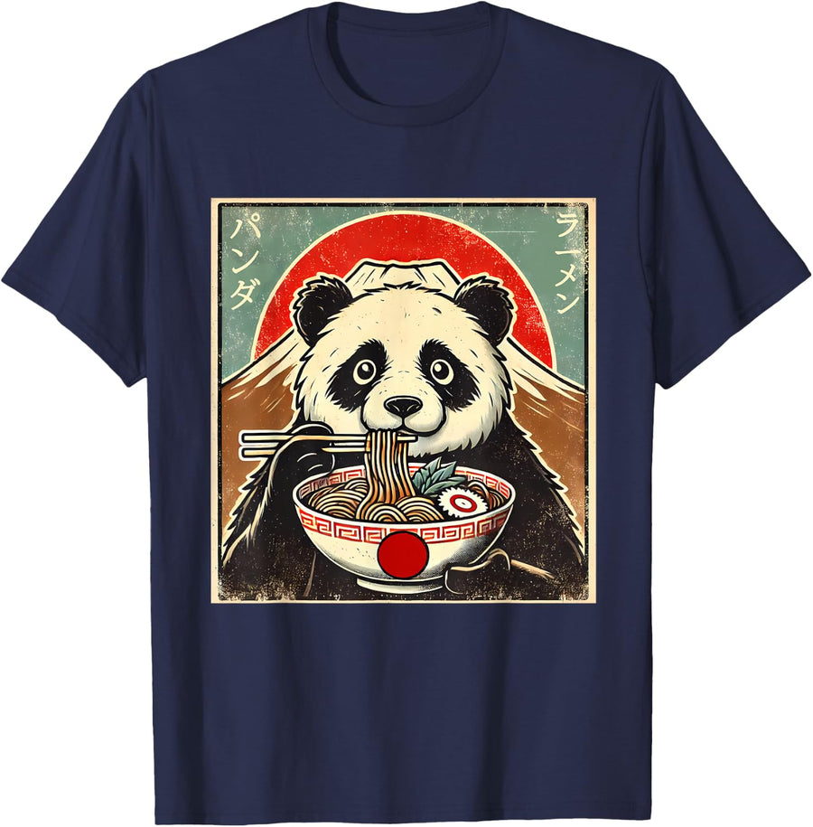Funny Panda Ramen Graphic Japanese Kawaii Anime T-Shirt - Navy Blue