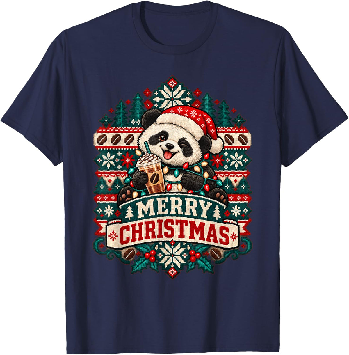 Merry Christmas Panda Cheerful Ice Coffee Winter Holiday T-Shirt - Navy Blue