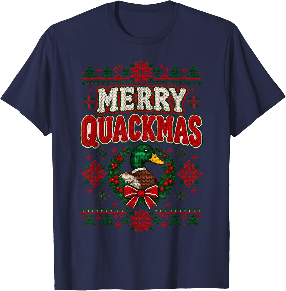 Merry Quackmas Duck Hunting Ugly Christmas Sweater T-Shirt - Navy Blue