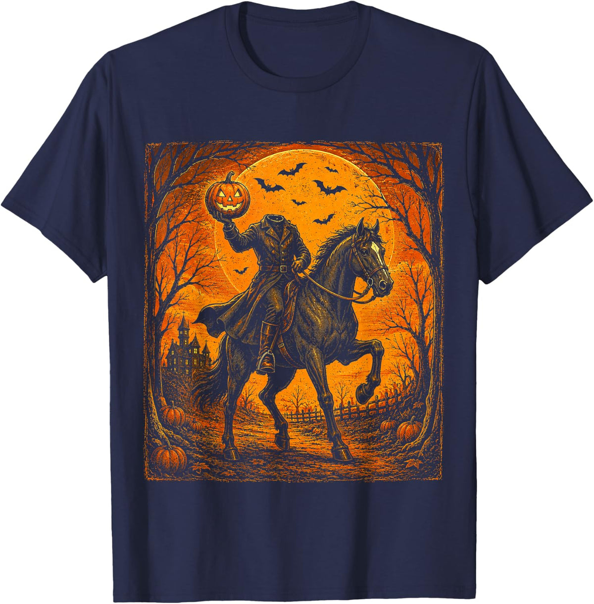 Vintage Pumpkin Rider Horse Spooky Halloween T-Shirt - Navy Blue
