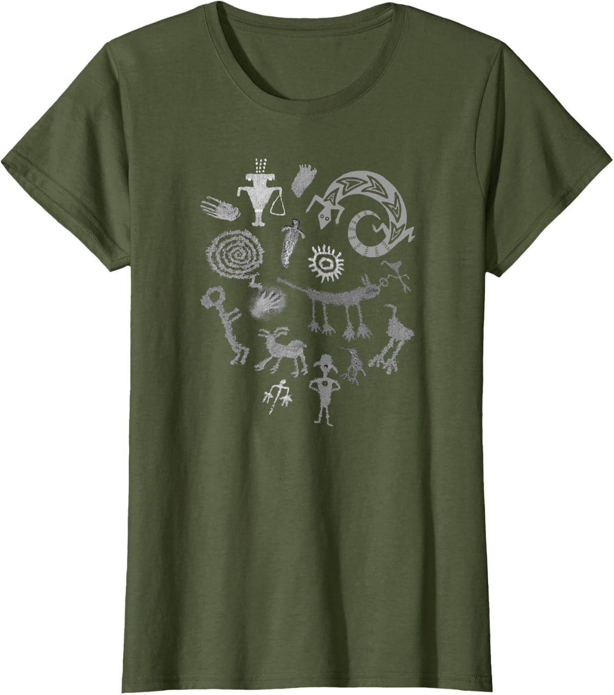 Multiple Petroglyphs in Gray! Ancient rock art carvings! T-Shirt - Olive Green