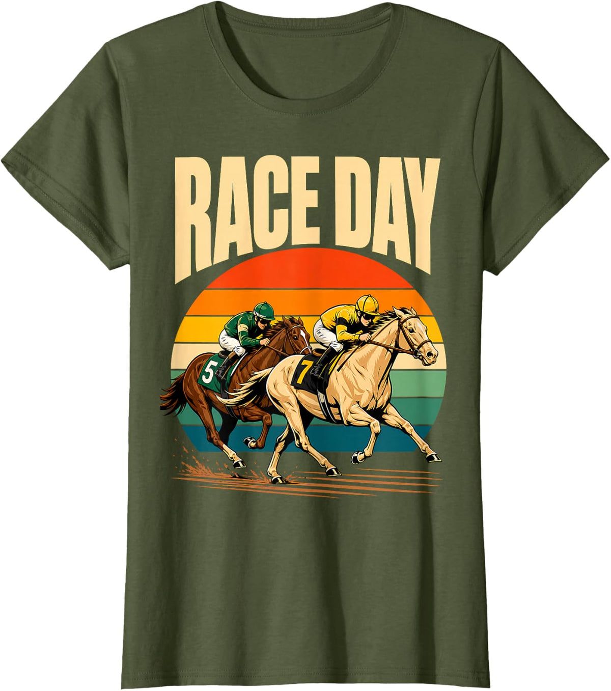 Race Day Retro Horse Racing Equestrian T-Shirt - Olive Green