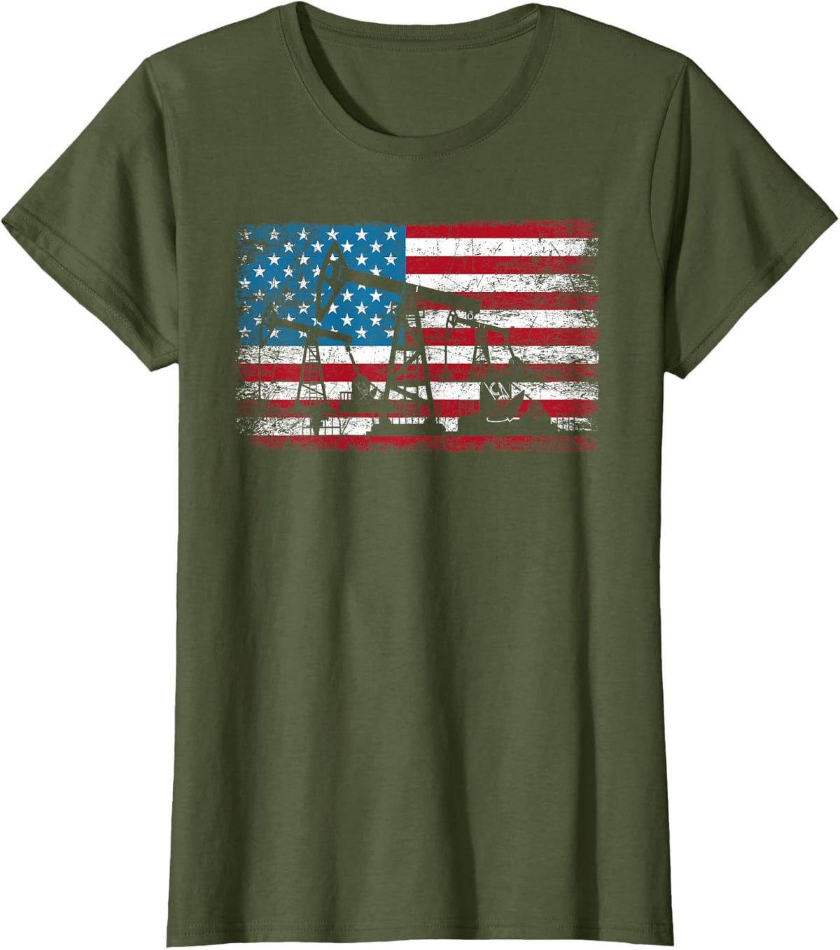 American Flag Oil Rig Drilling Roughnecks Oilfield Worker T-Shirt - Olive Green