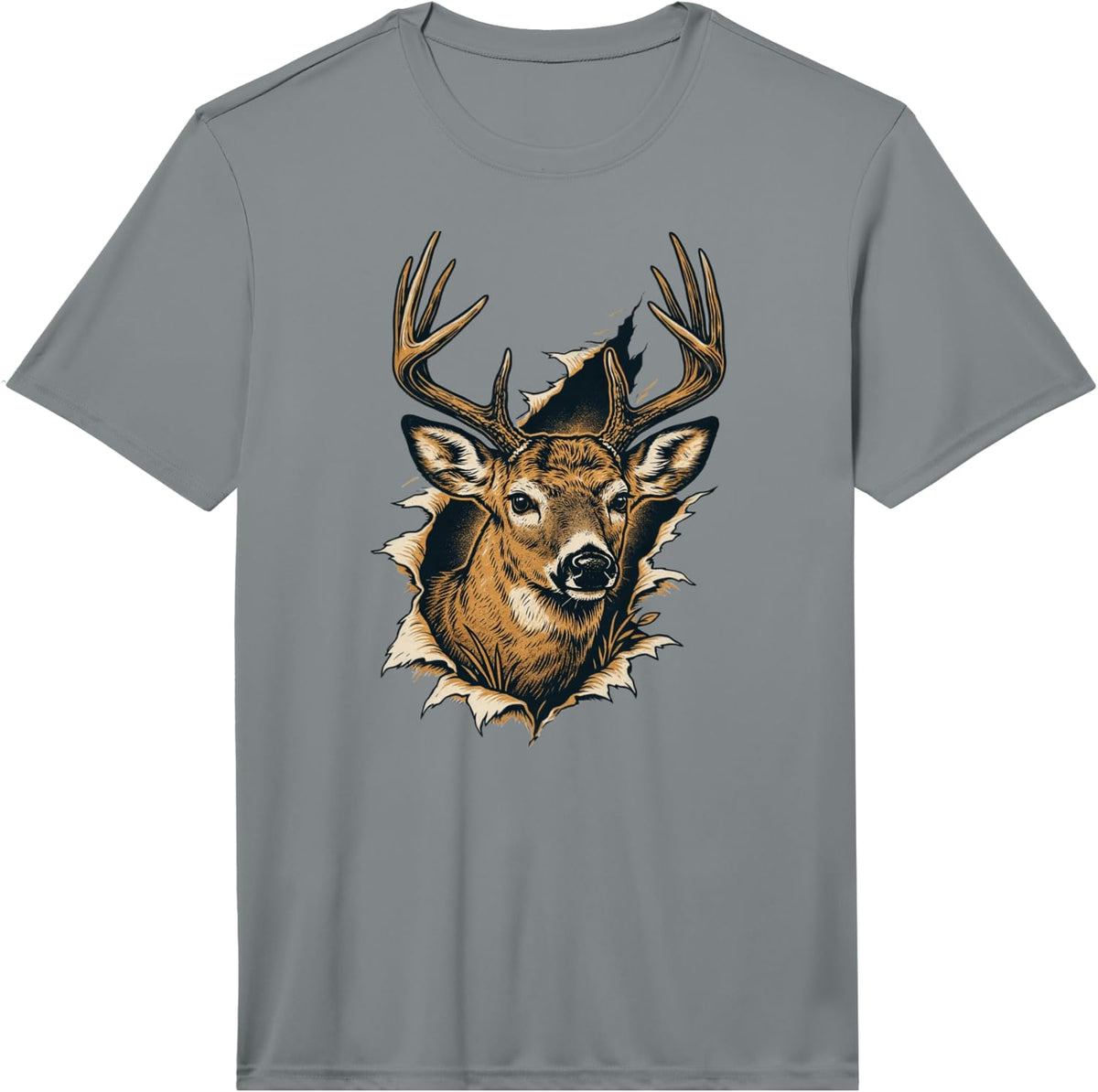 Whitetail Deer Buck Head Ripped Breakthrough Design Performance T-Shirt - Slate Grey