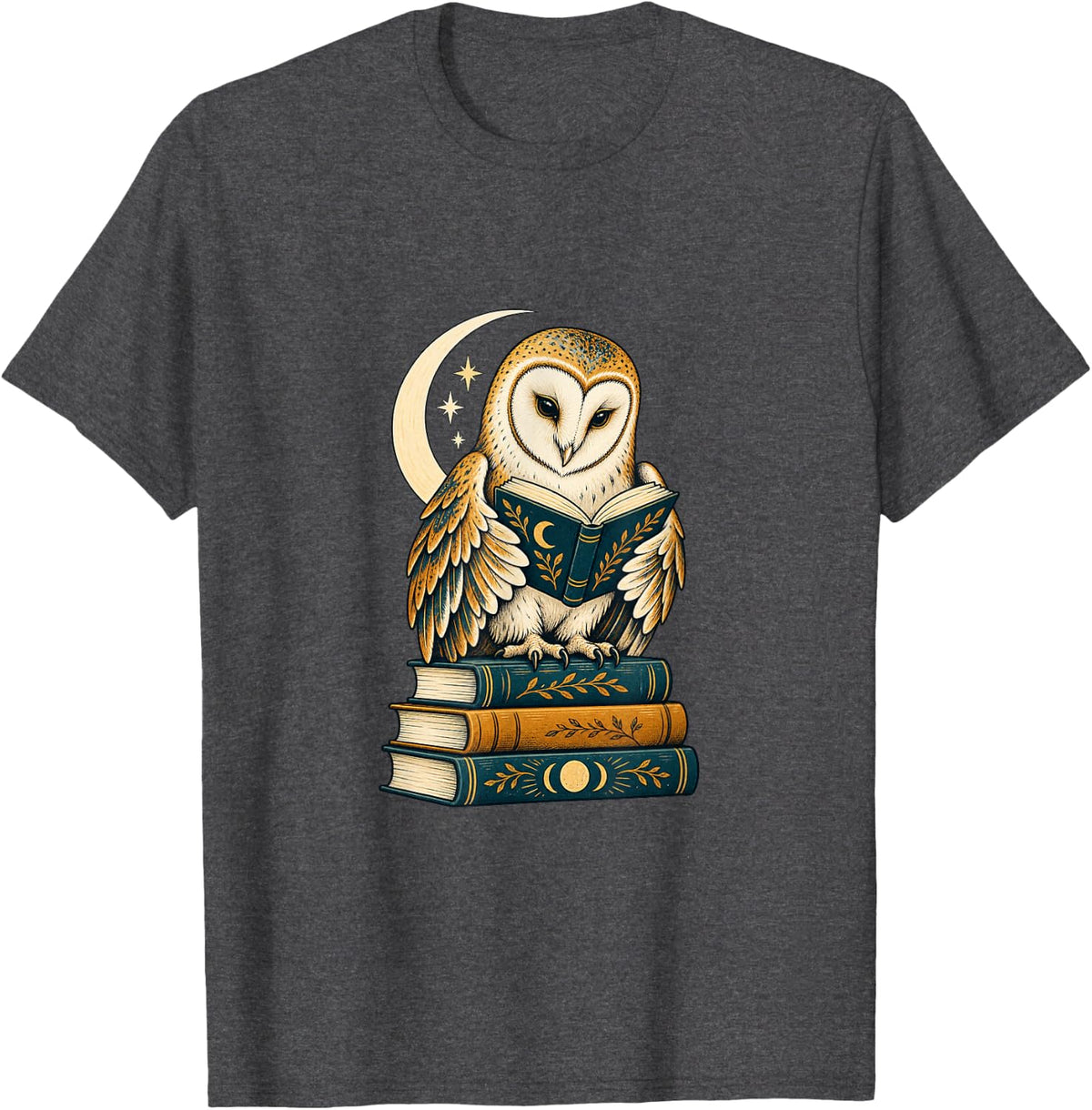 Book Lover Owl Reading Moon Gift T-Shirt - Dark Heather Grey