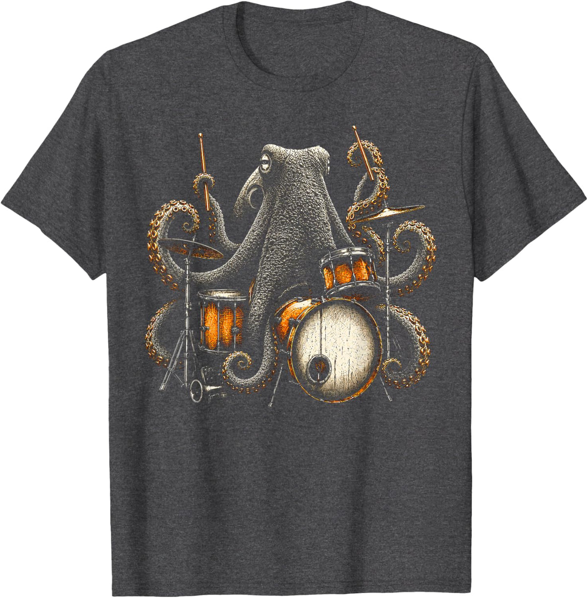 Wild Octopus Drummer Funny Music Ocean Animal Design T-Shirt - Dark Heather Grey
