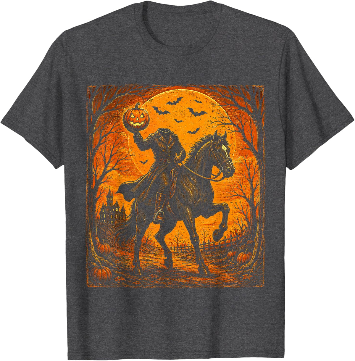 Vintage Pumpkin Rider Horse Spooky Halloween T-Shirt - Dark Heather Grey