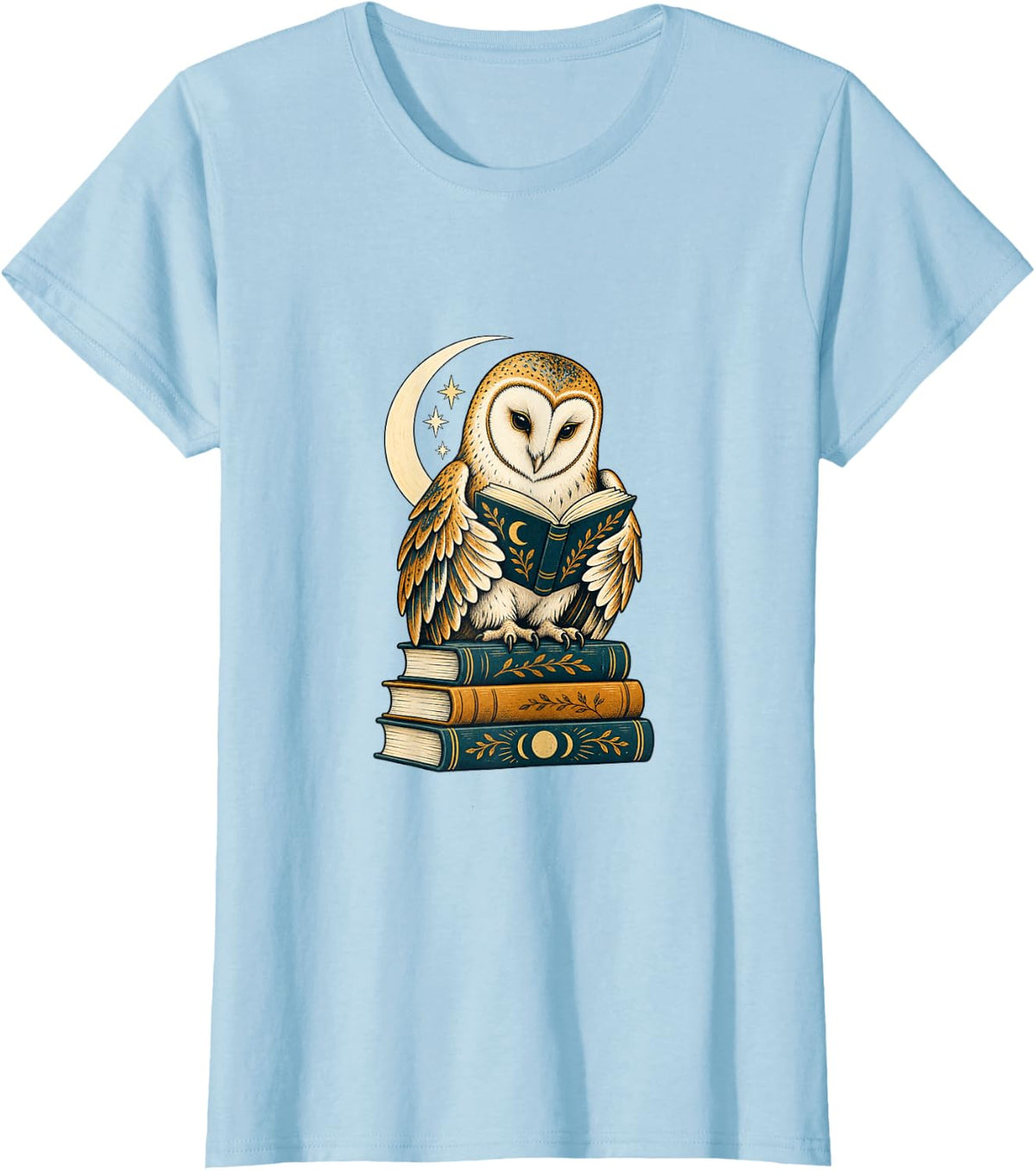 Book Lover Owl Reading Moon Gift T-Shirt - Baby Blue