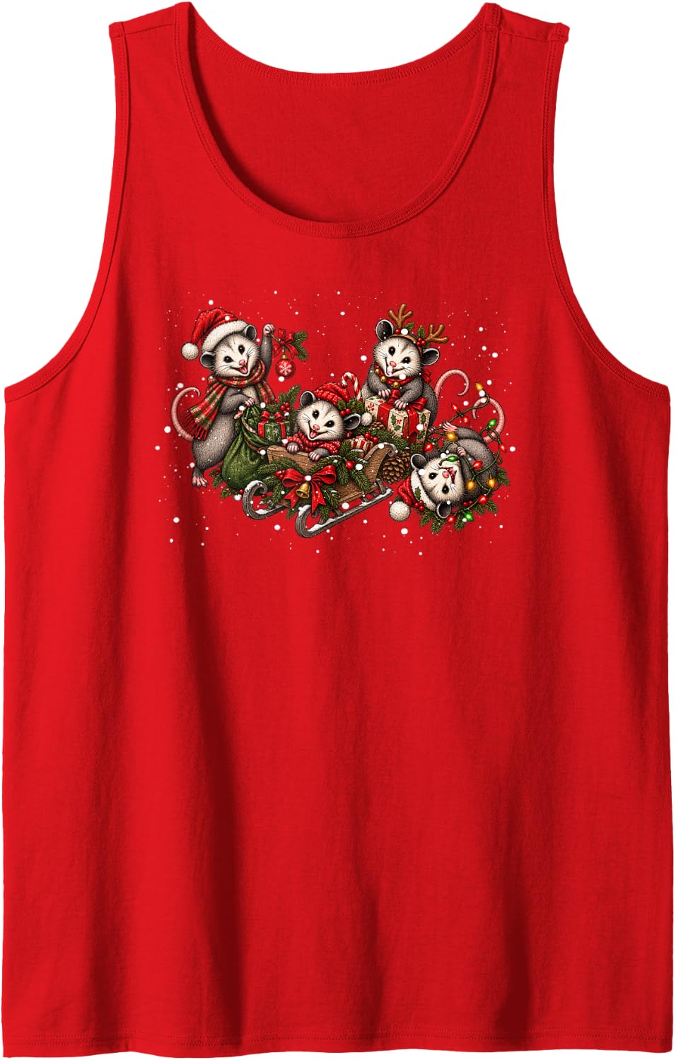 Christmas Opossum Sleigh Ride Hanging Upside Down Festive Sleeveless Tank Top - Red
