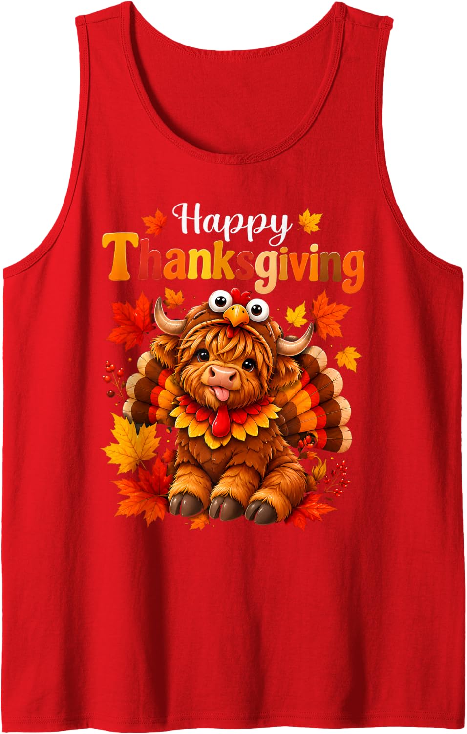 Happy Thanksgiving Highland Cow Wearing Turkey Costume Women Sleeveless Tank Top - Red