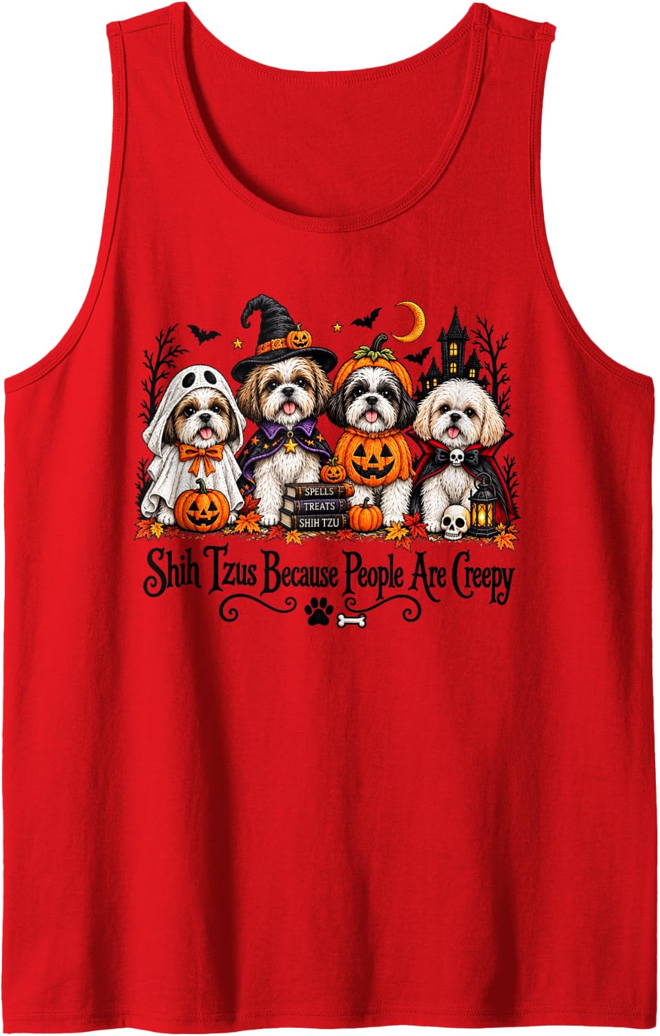 Shih Tzus Because People are Creepy Halloween Dogs Costume Sleeveless Tank Top - Red