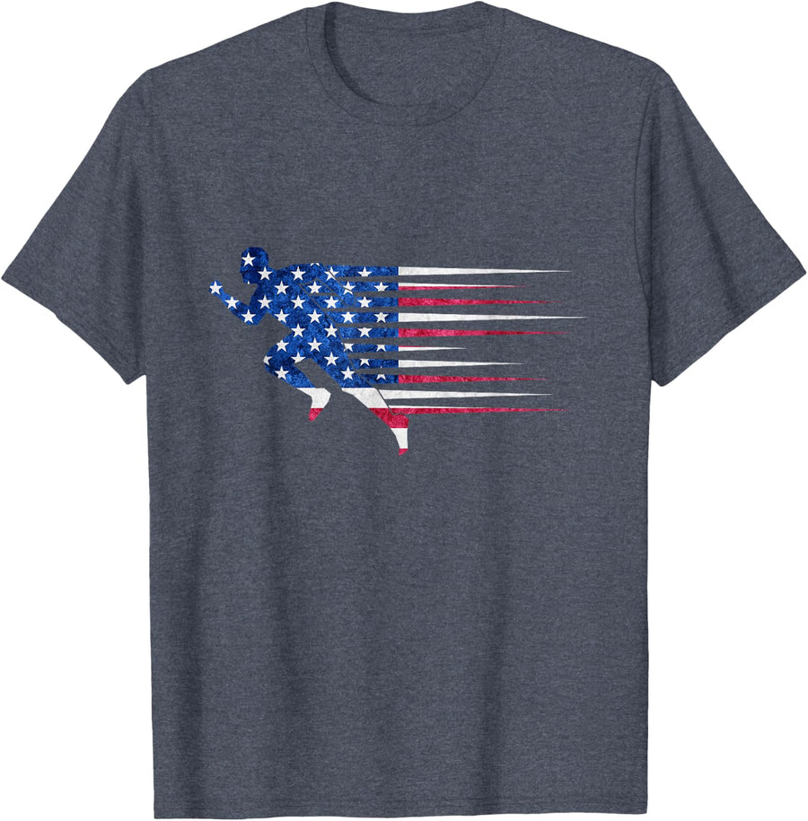 Patriotic Running USA American Flag Track and Field Team T-Shirt - Heather Blue
