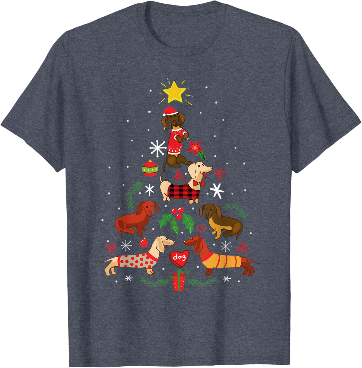 Funny Dachshund Christmas Tree Shirt Ornament Decor Gift T-Shirt - Heather Blue