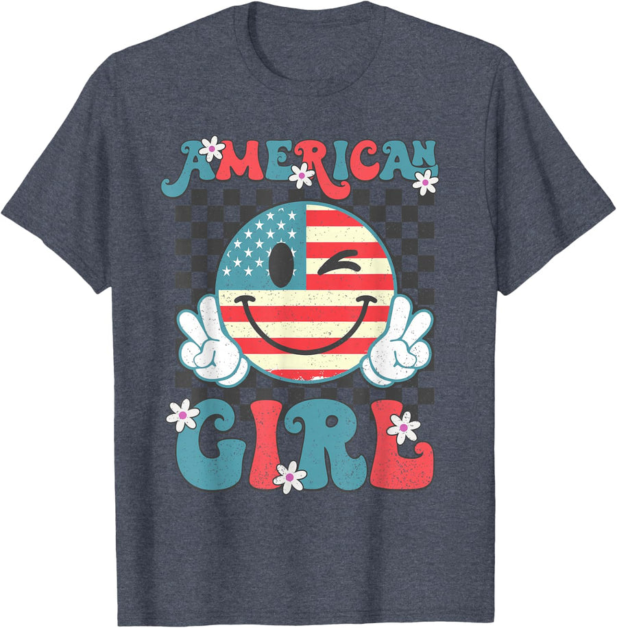 Retro American Girl 4th of July Smile Checkered Womens Girls T-Shirt - Heather Blue