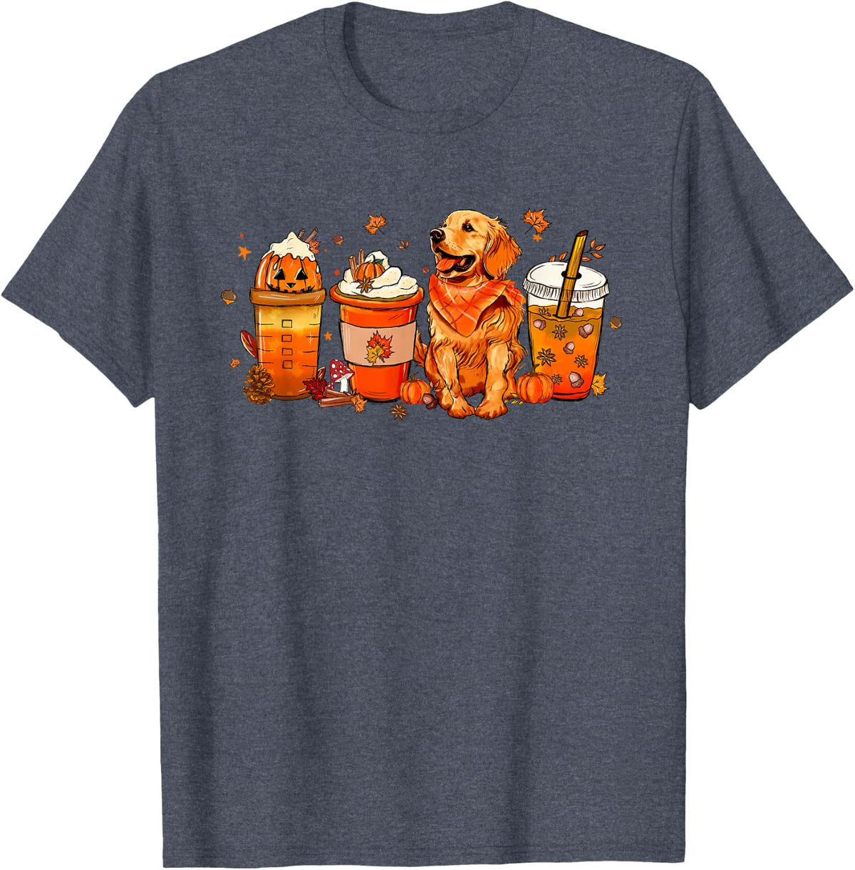 Golden Retriever Pumpkin Coffee Latte Autumn Fall T-Shirt - Heather Blue