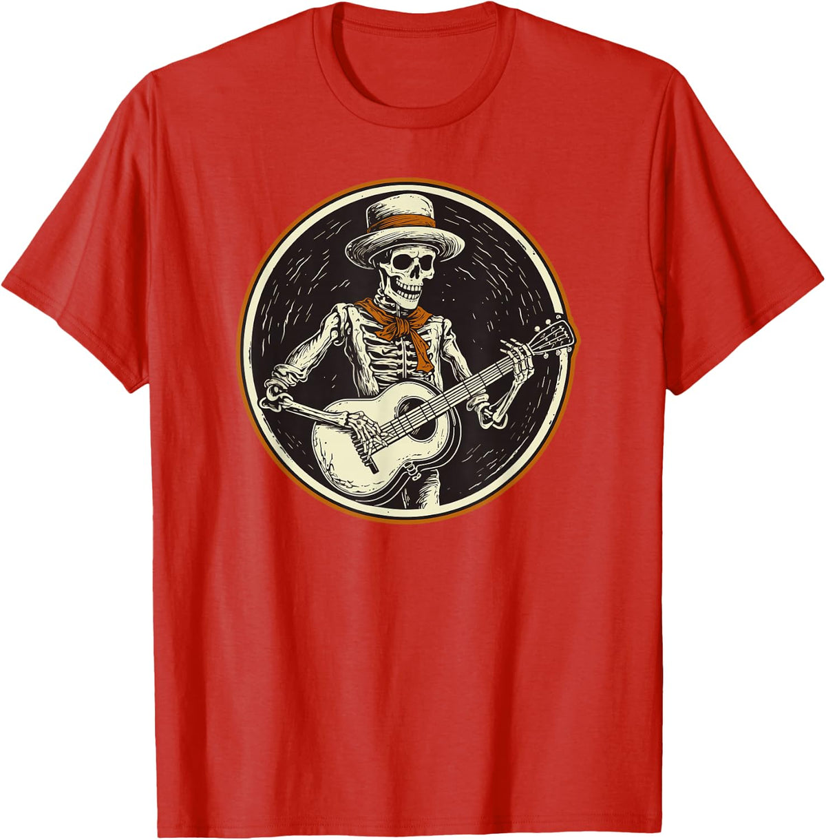 Skeleton Playing Banjo Funny Bluegrass Style T-Shirt - Red