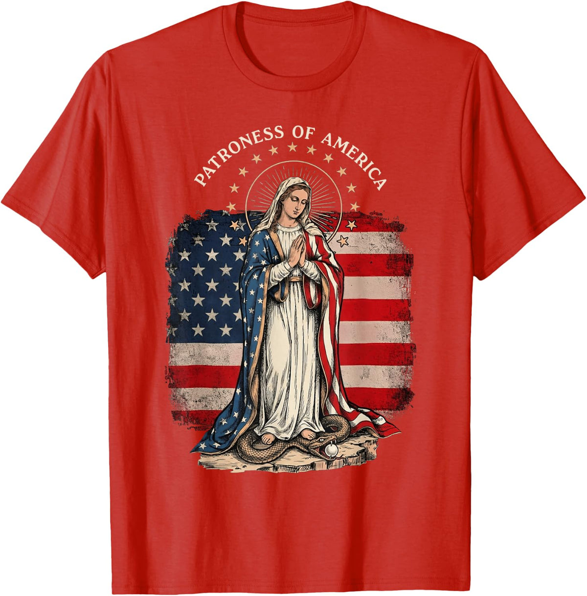 Patroness of The USA Blessed Virgin Mary Catholic Art T-Shirt - Red