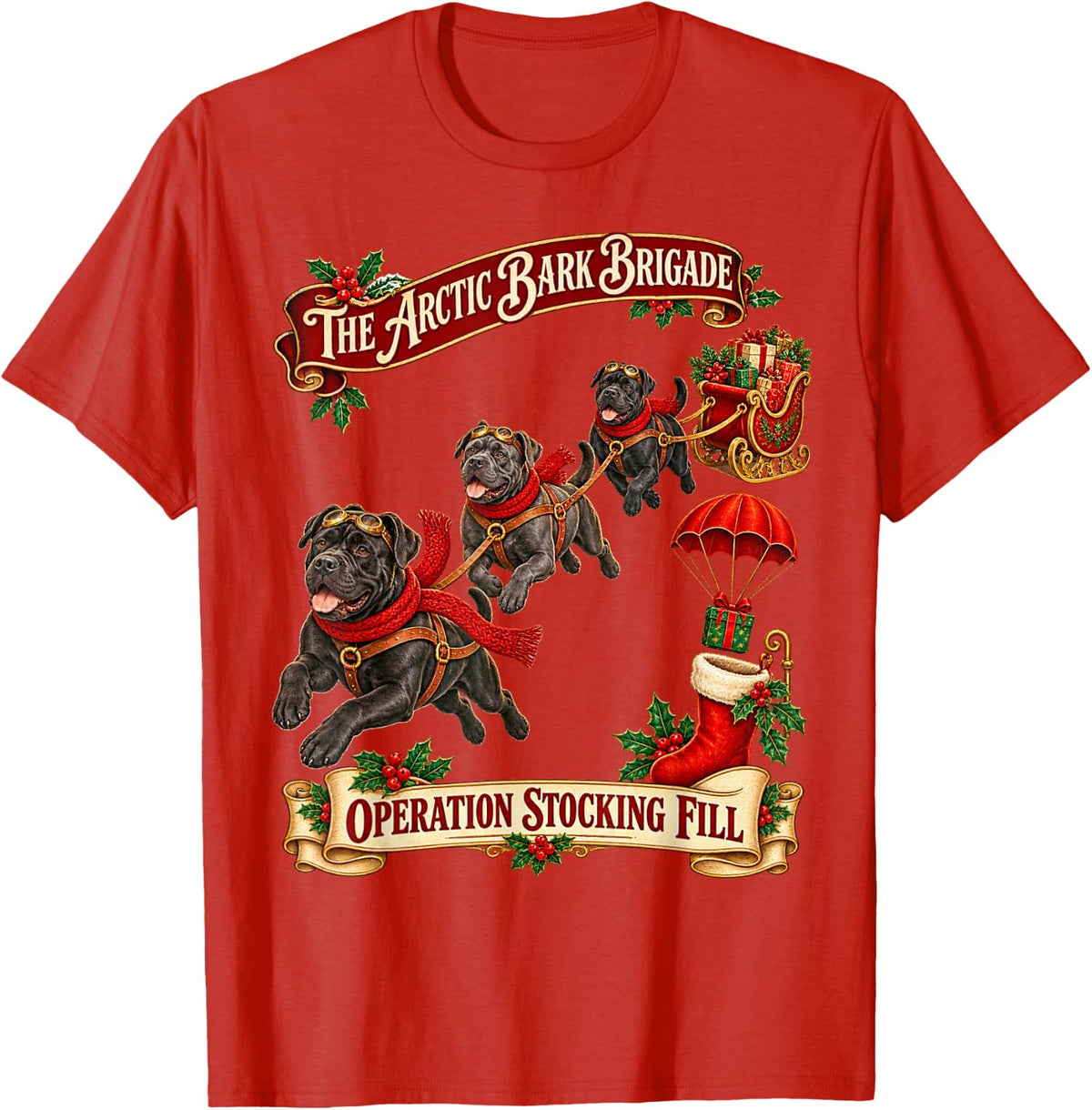 Funny Cute Cane Corso Dog Christmas Flying Stocking Brigade T-Shirt - Red