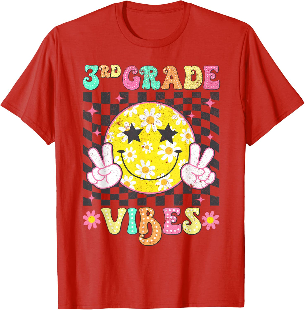 Girls 3rd Grade Vibes Smile Face Back to School Third Grade T-Shirt - Red
