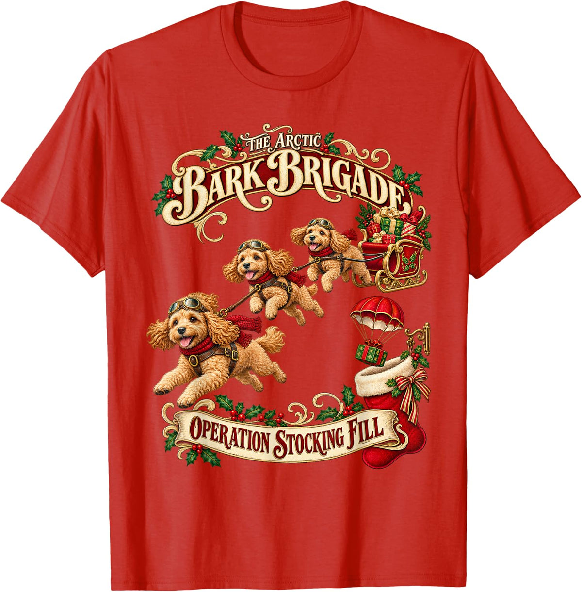 Cockapoo Dog Christmas Flying Stocking Brigade T-Shirt - Red