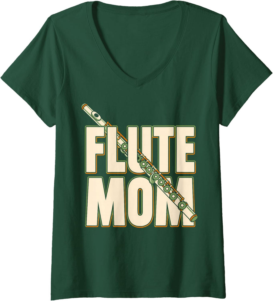 Women's Flute Mom Musician Orchestra V-Neck T-Shirt - Dark Green