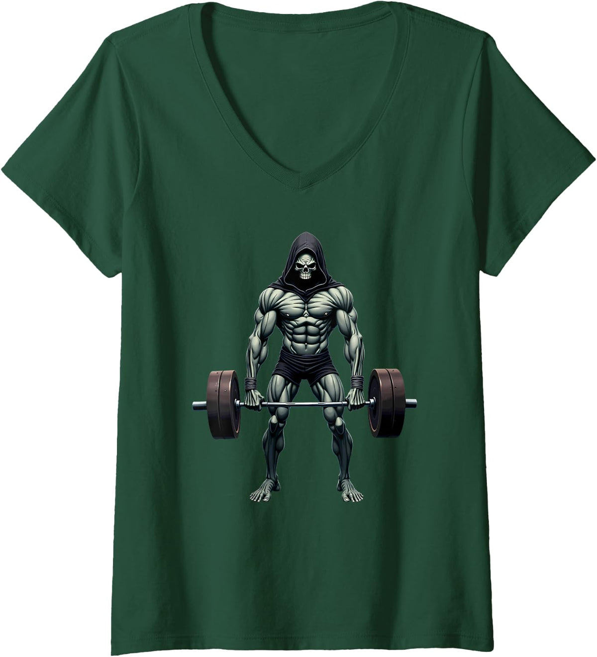 Women's Workout Gym Grim Reaper Deadlift Weightlifting V-Neck T-Shirt - Dark Green