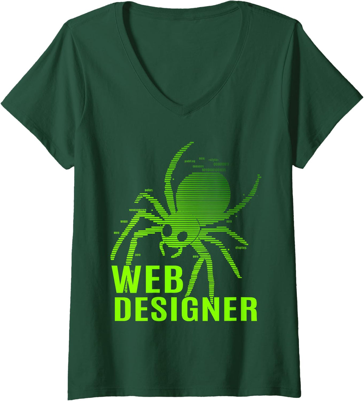 Women's Web Designer Binary Spider IT Tech Website Dev Coder V-Neck T-Shirt - Dark Green