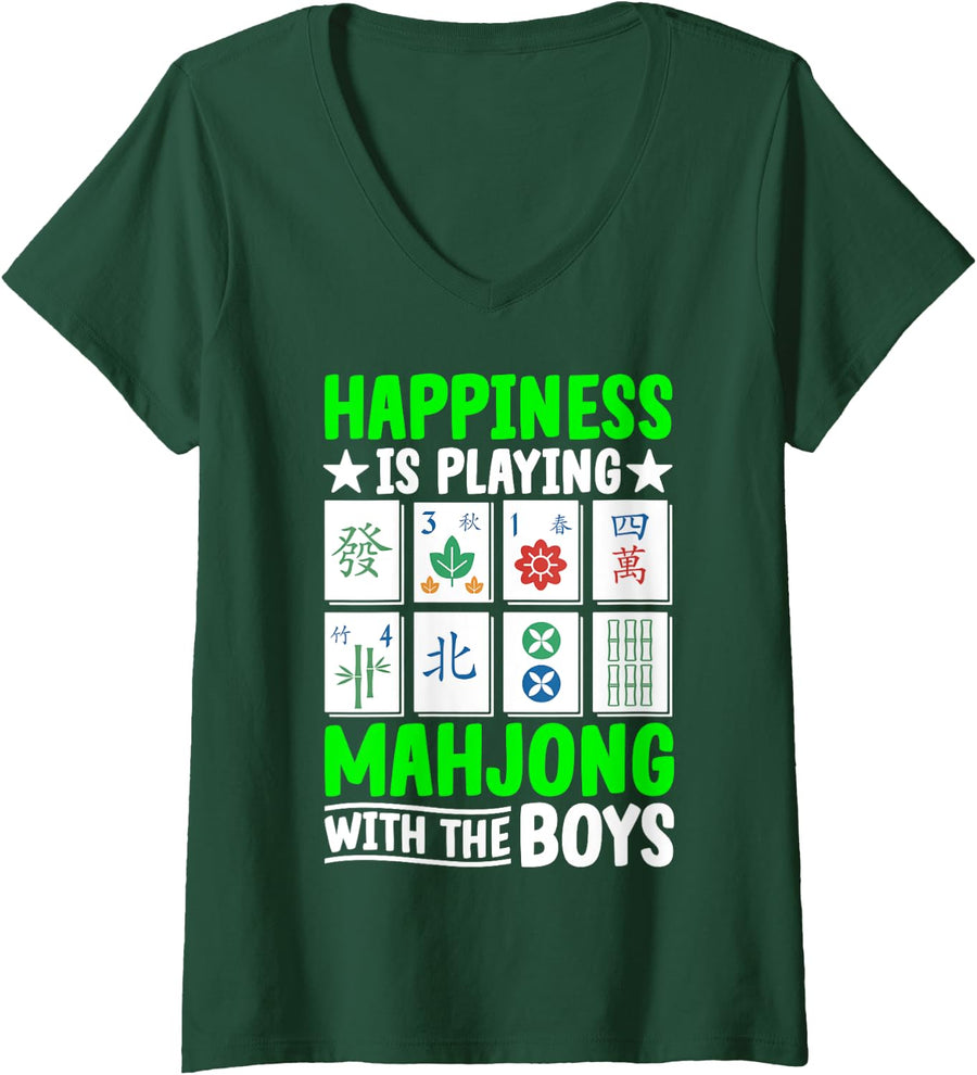 Womens Mahjong - Happiness Is Playing Mahjong With The Boys V-Neck T-Shirt - Dark Green