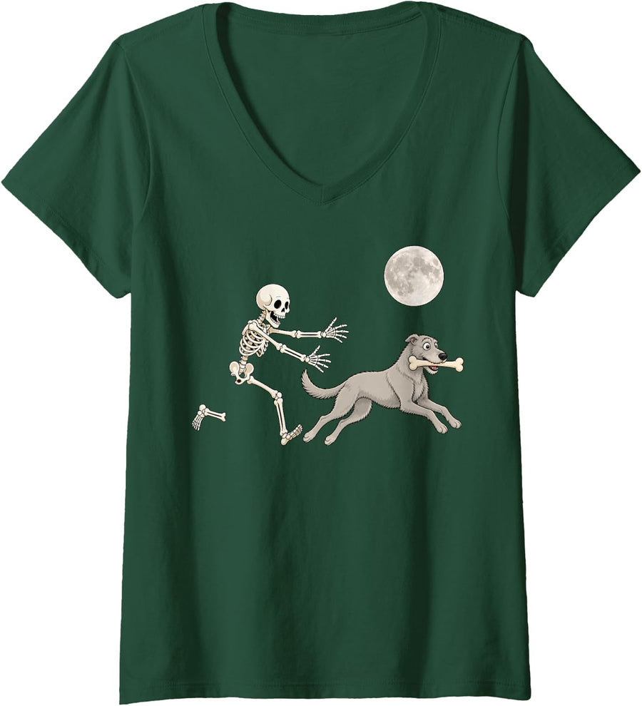 Women's Irish Wolfhound Running Skeleton Retro Halloween Dog V-Neck T-Shirt - Dark Green