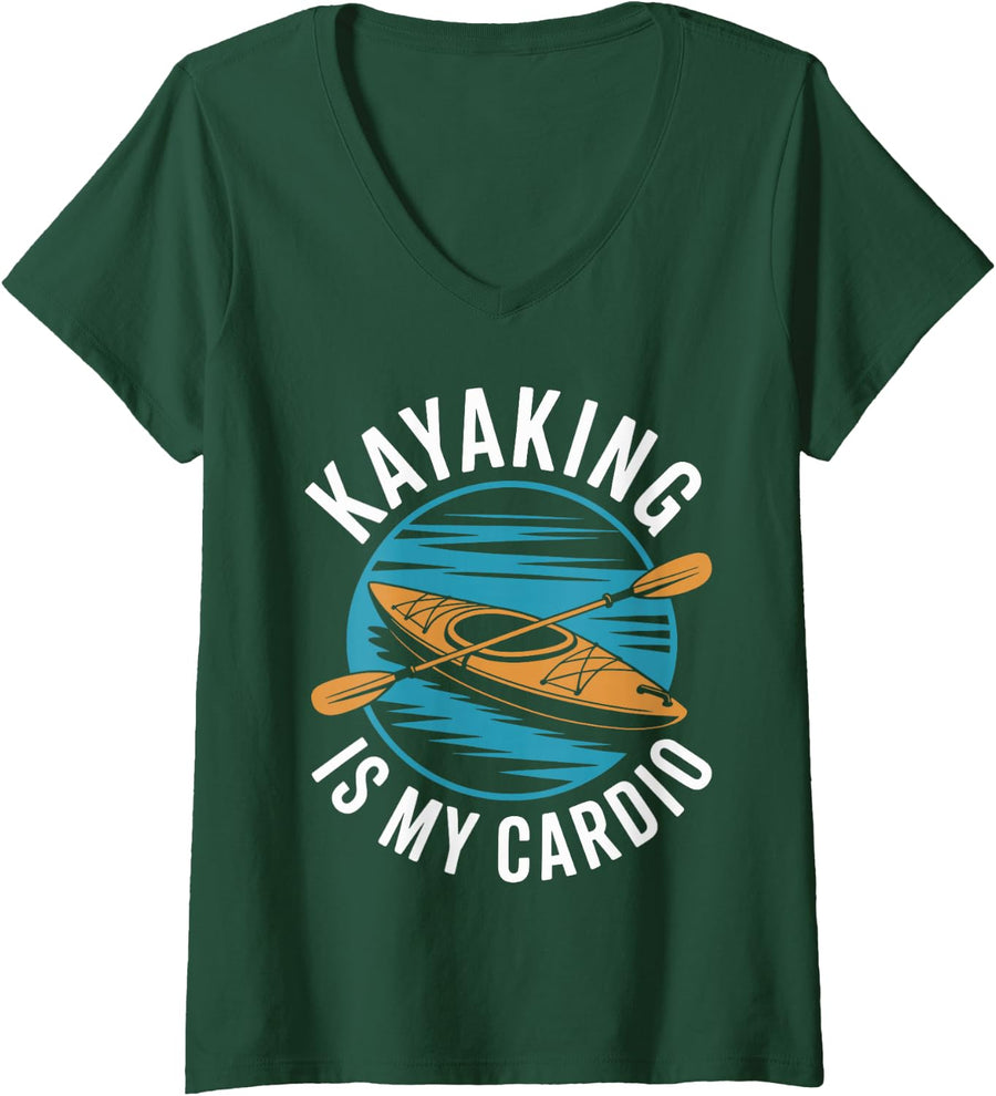 Women's Kayaking is My Cardio Kayak V-Neck T-Shirt - Dark Green