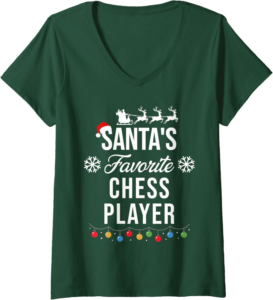 Women's Santa's Favorite Chess Player Christmas Xmas Pajamas V-Neck T-Shirt - Dark Green