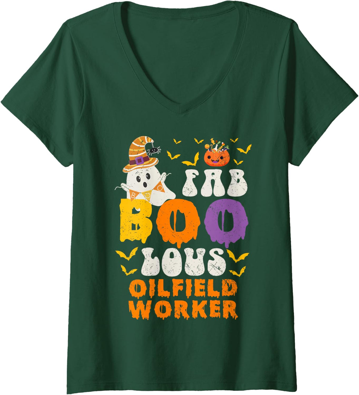 Women's Faboolous Oilfield Worker Ghost Halloween Fun V-Neck T-Shirt - Dark Green