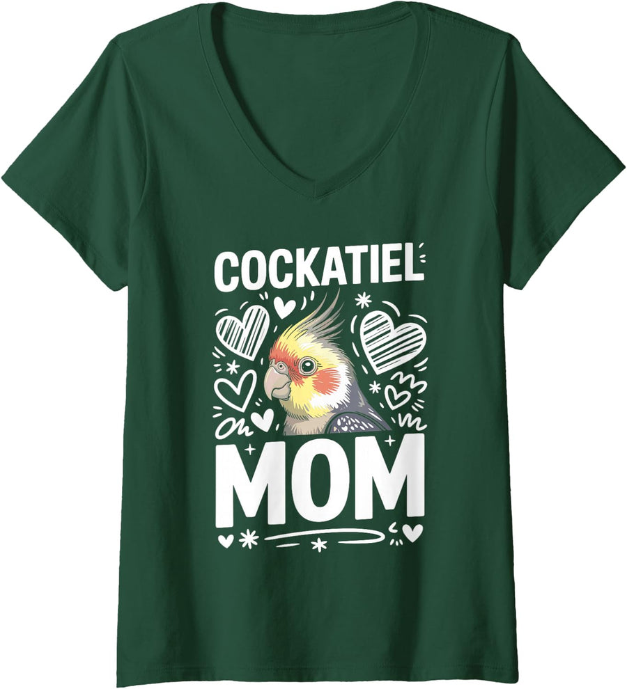 Women's Cockatiel Mom Cockatiels V-Neck T-Shirt - Dark Green