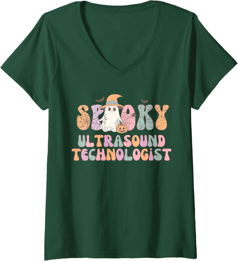 Women's Spooky Ultrasound Technologist Halloween X-ray Rad Tech V-Neck T-Shirt - Dark Green