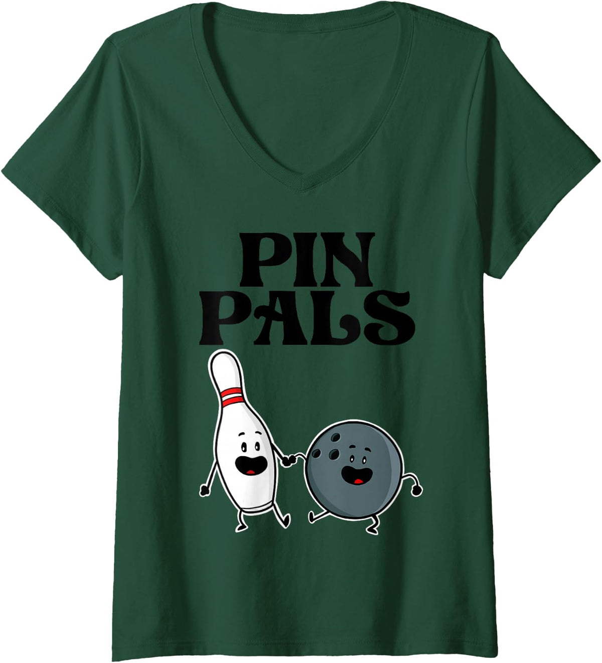 Womens Bowling Pin Pals V-Neck T-Shirt - Dark Green