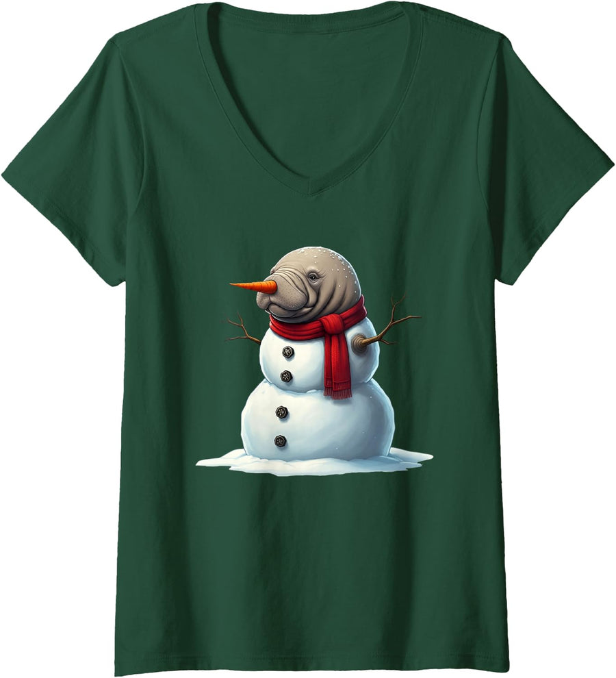 Women's Funny Manatee Snowman Scarf Christmas Womens Mens Kids V-Neck T-Shirt - Dark Green