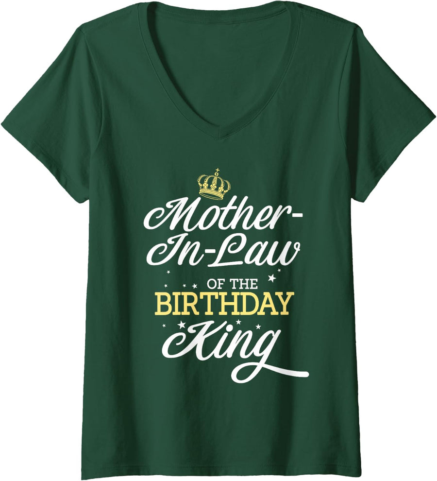 Women's Mother-in-Law of the Birthday King Party Celebration V-Neck T-Shirt - Dark Green