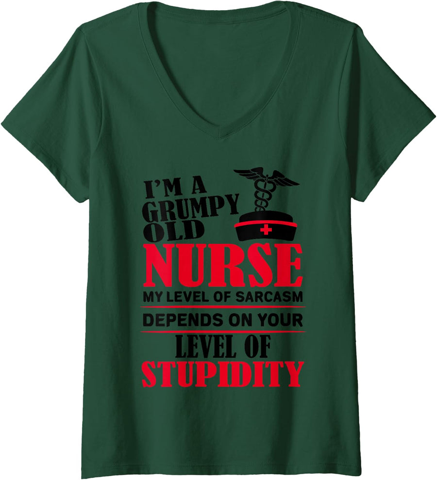 Women's I'm A Grumpy Old Nurse My Level of Sarcasm Depends On V-Neck T-Shirt - Dark Green