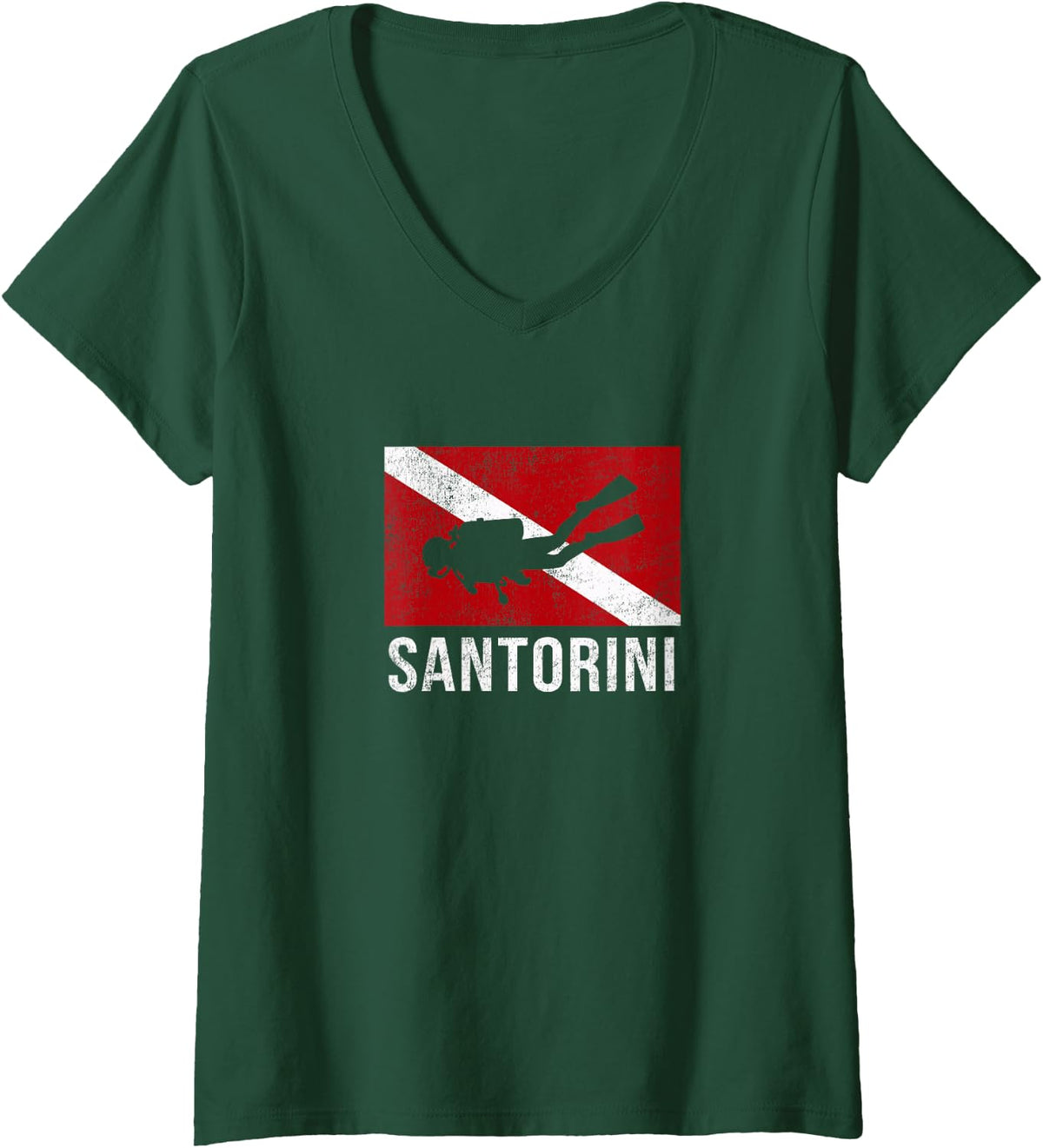 Women's Santorini Scuba Diving Diver Dive Flag Gift V-Neck T-Shirt - Dark Green
