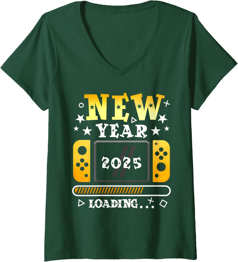 Women's New Year 2025 Loading Gaming Controller New Years Eve Party V-Neck T-Shirt - Dark Green