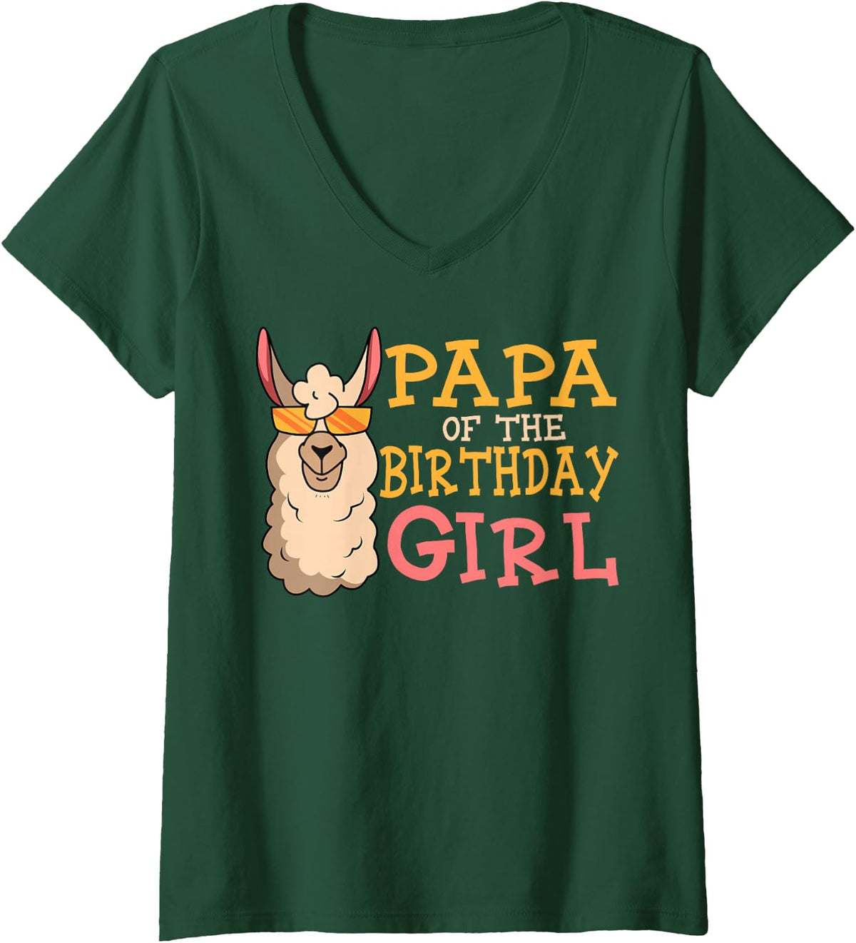 Women's Papa of The Birthday Girl Llama Bday Party Celebration V-Neck T-Shirt - Dark Green