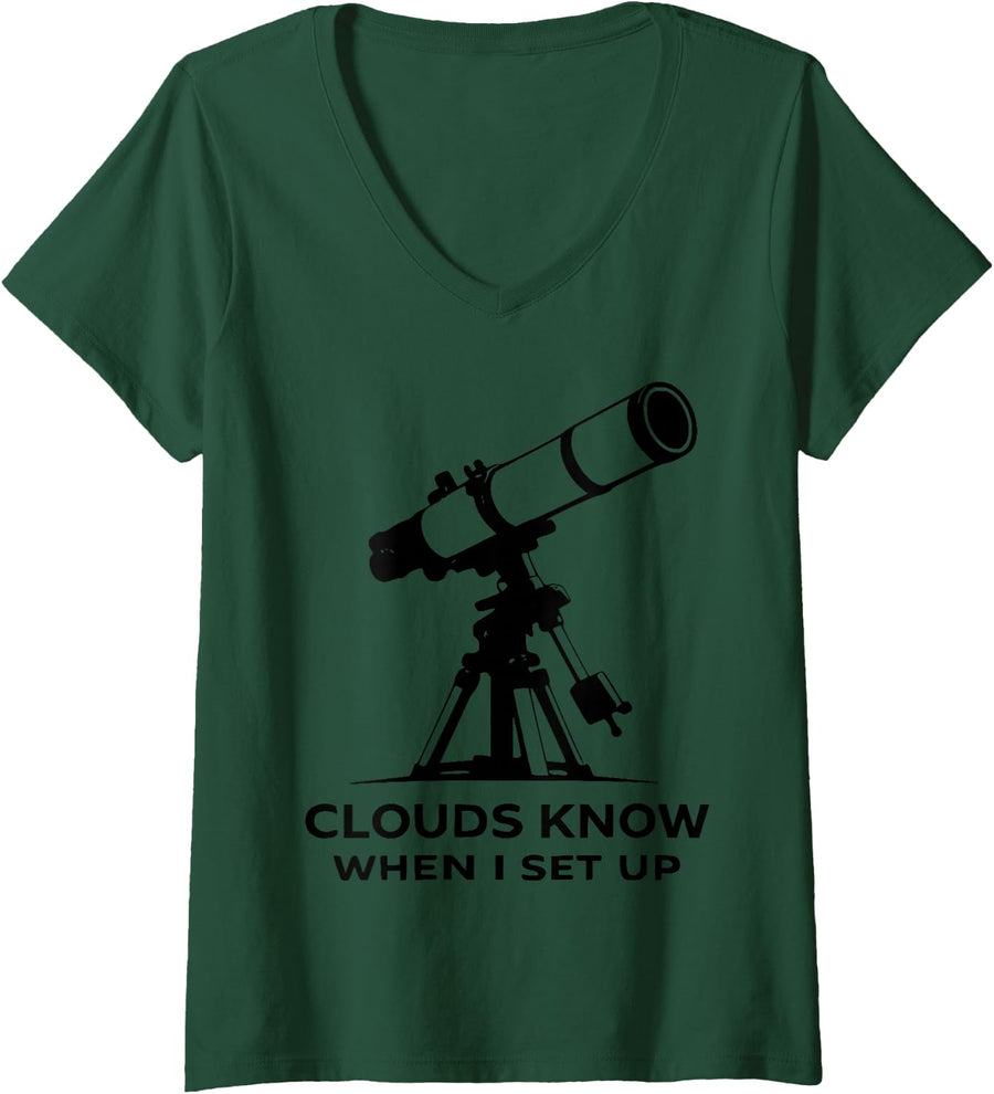 Women's Funny Amateur Astronomy Telescope Stargazing Space Nerd Joke V-Neck T-Shirt - Dark Green