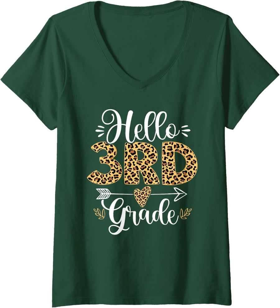 Women's Hello 3rd Grade Leopard Third Grade Teacher Back to School V-Neck T-Shirt - Dark Green