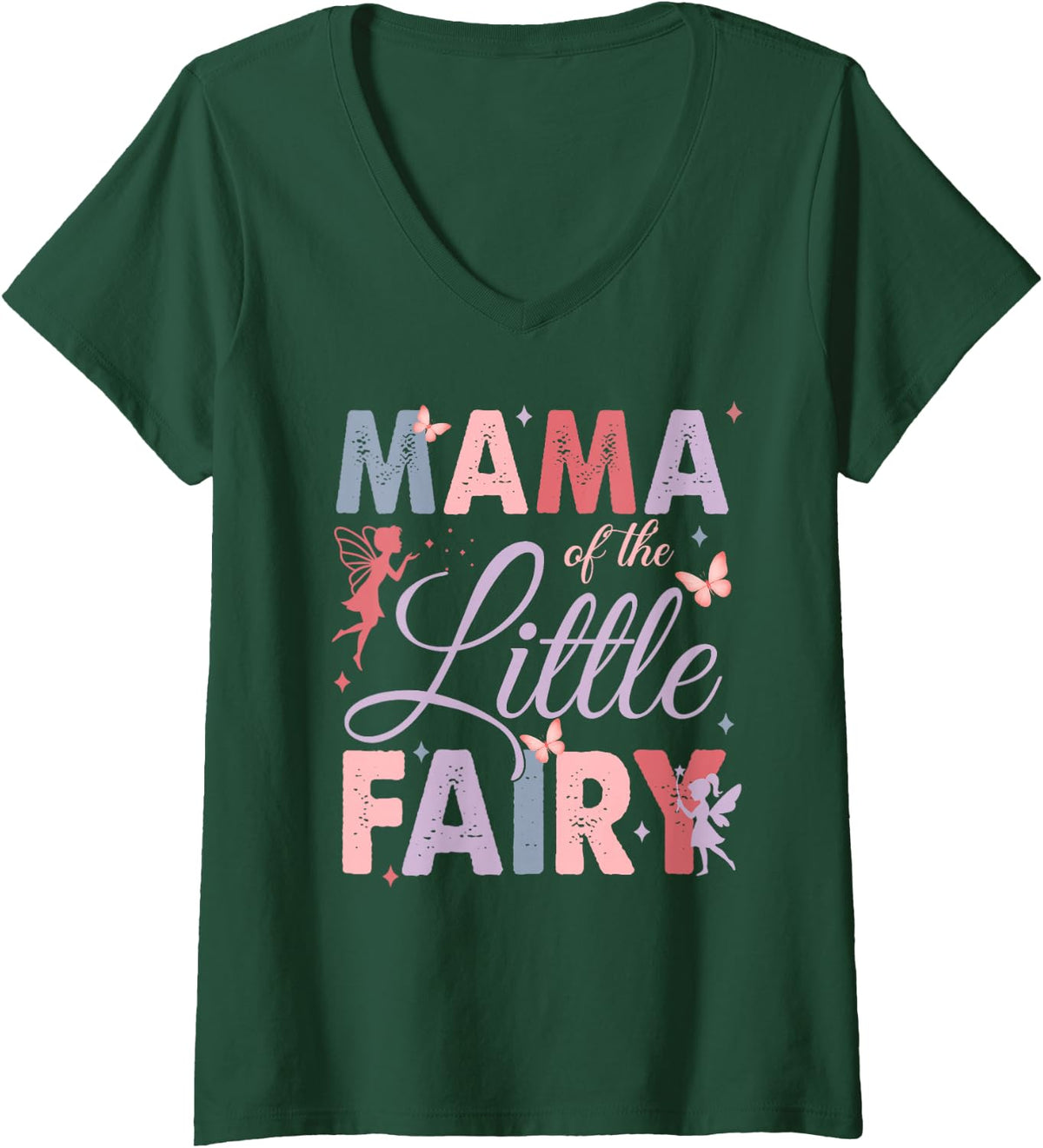Womens Mama of The Little Fairy Birthday Girl Family Matching Mom V-Neck T-Shirt - Dark Green