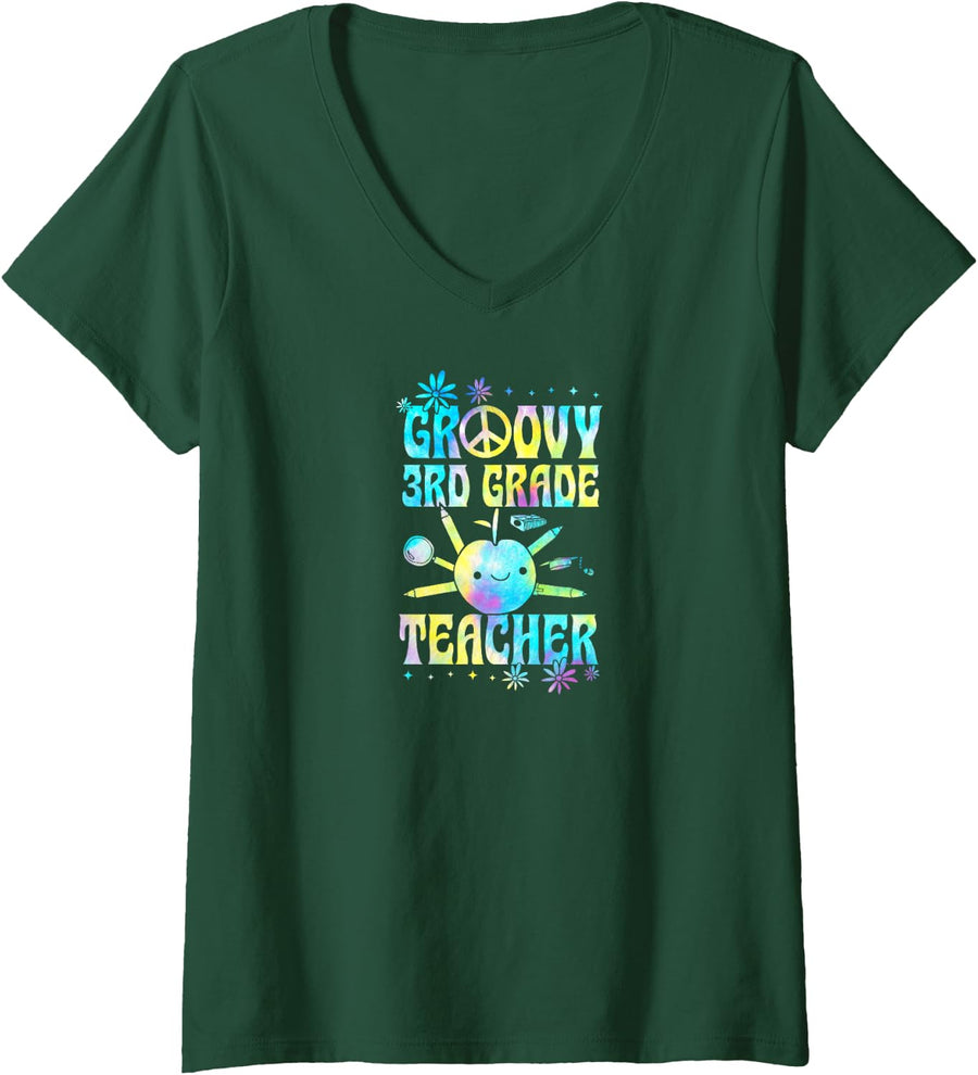 Women's Groovy 3rd Grade Teacher 60s Throwback Day Peace Flower V-Neck T-Shirt - Dark Green