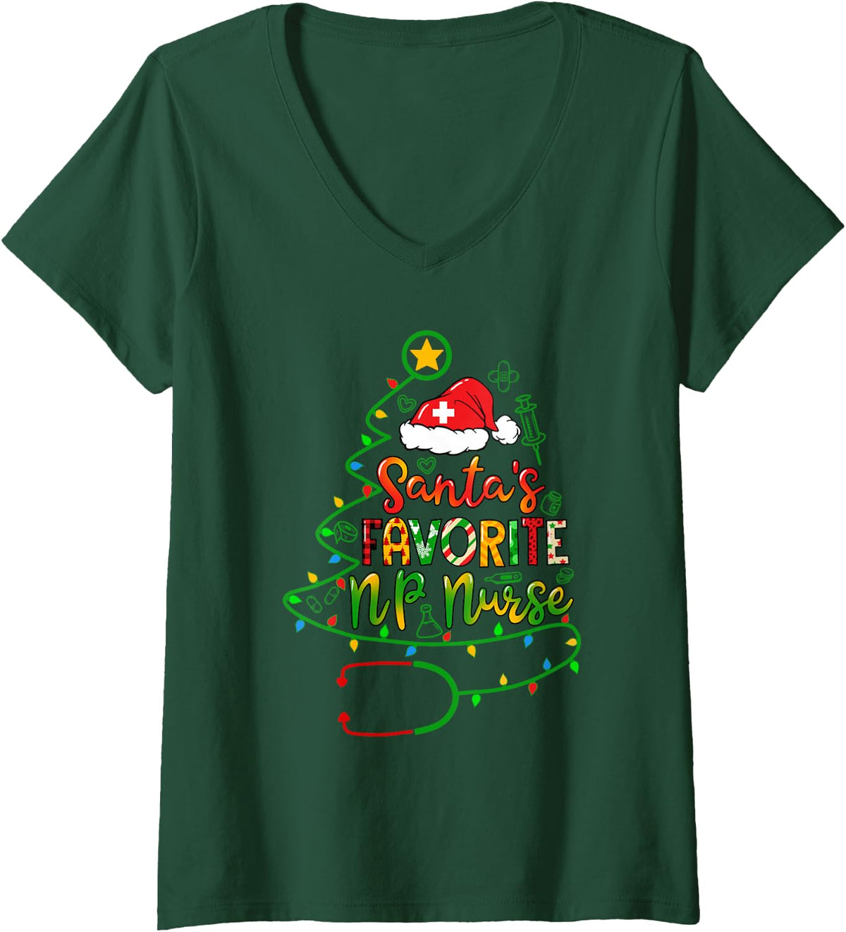 Women's Santa's Favorite NP Nurse Nurse Practitioner Christmas V-Neck T-Shirt - Dark Green