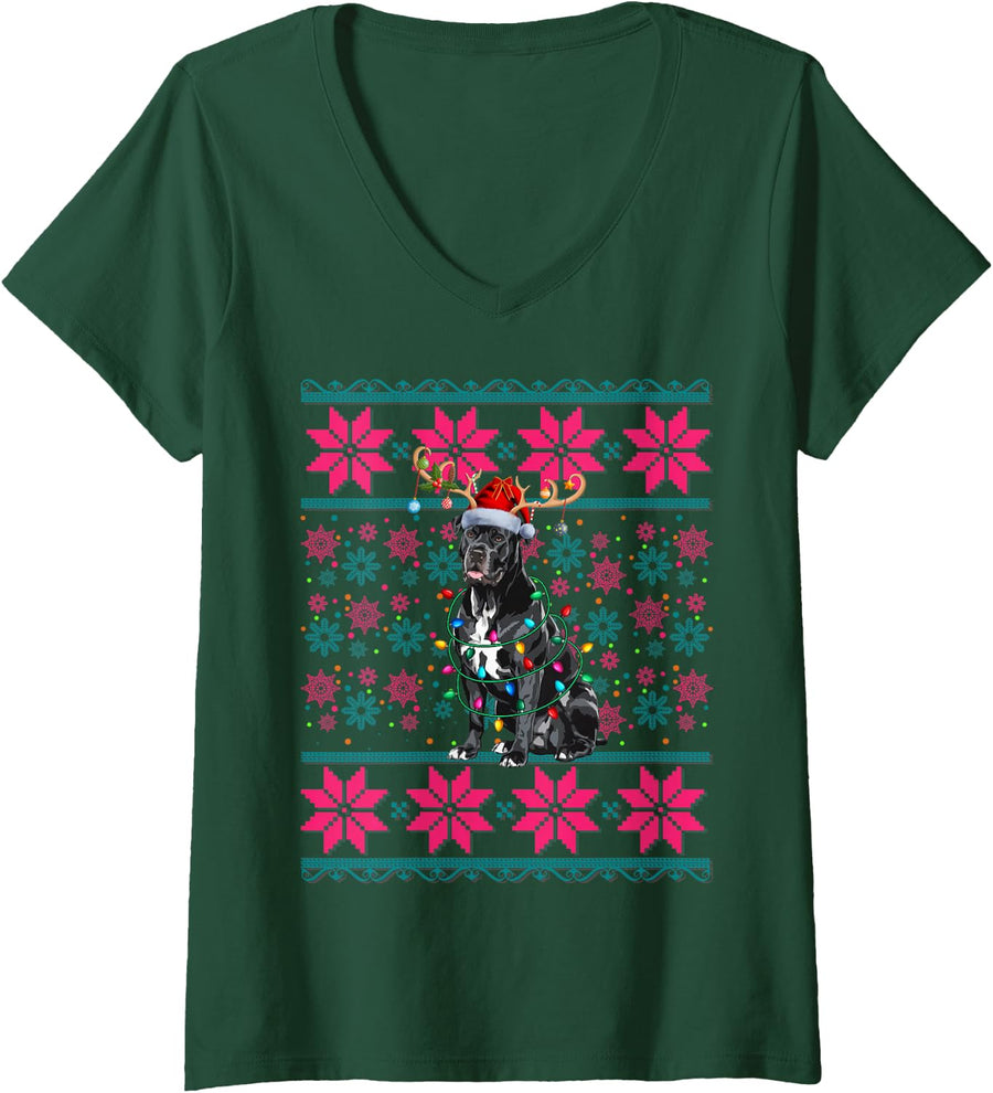 Women's Reindeer Santa Ugly Christmas Lights Cane Corso Dog Xmas V-Neck T-Shirt - Dark Green