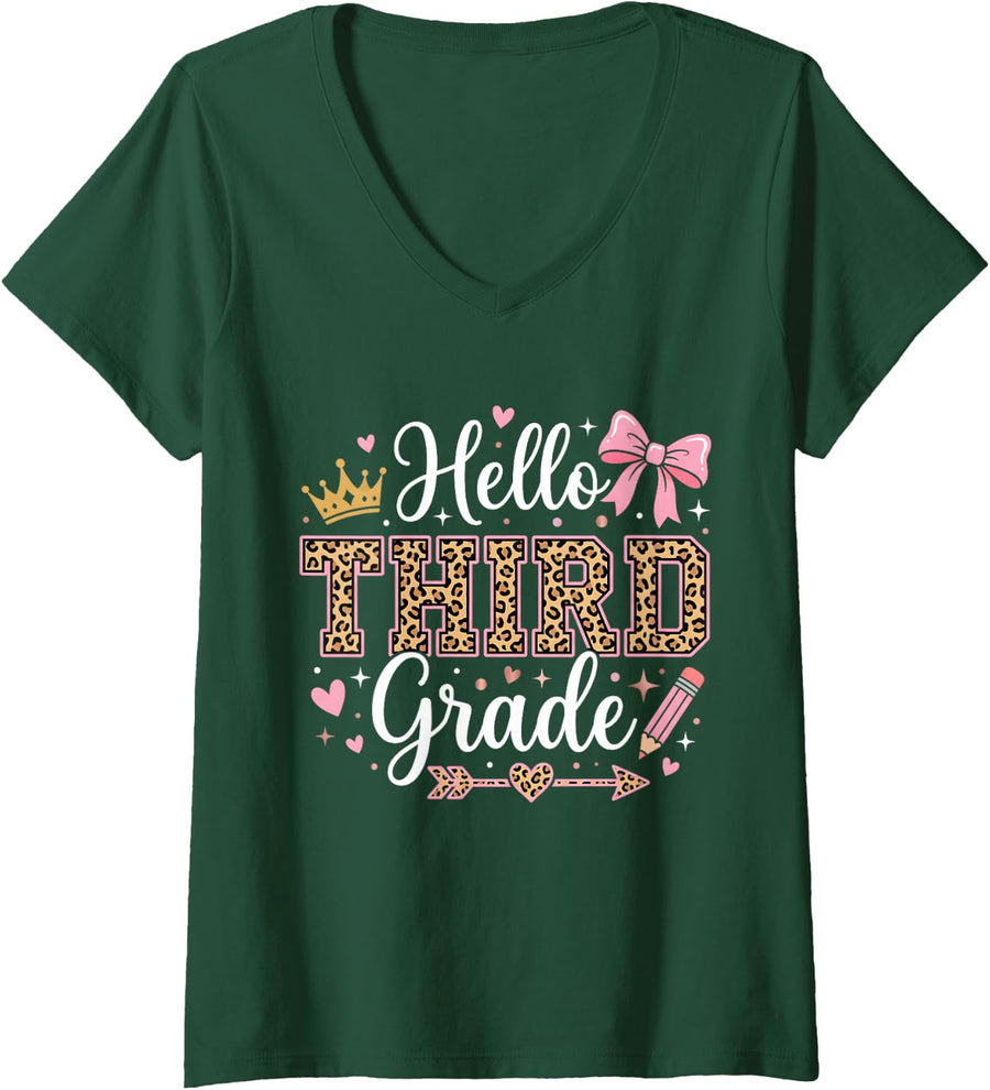 Women's Hello 3rd Grade Leopard Teacher Student Boy Girl Third Grade V-Neck T-Shirt - Dark Green