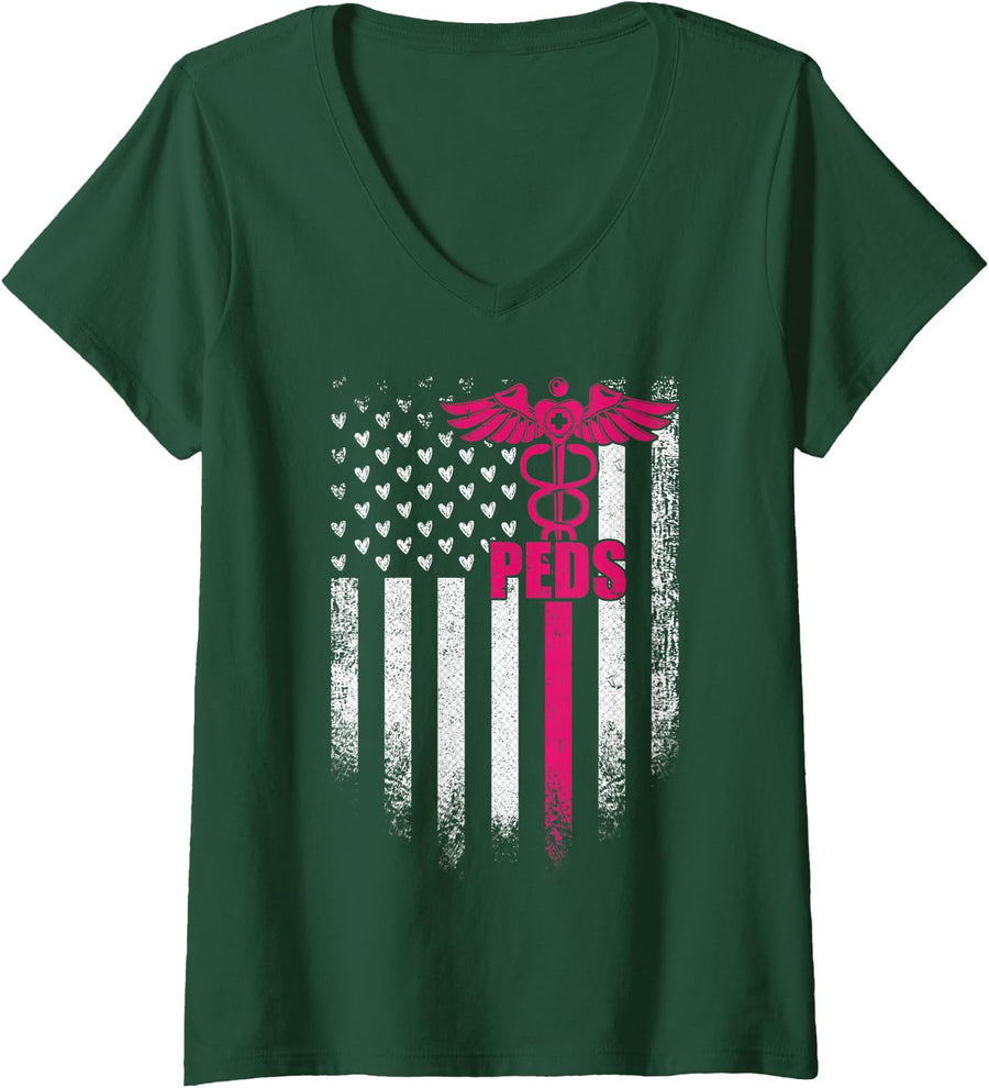 Women's Vintage USA Flag Pediatric Nurse Peds Nurse Registered Nurse V-Neck T-Shirt - Dark Green